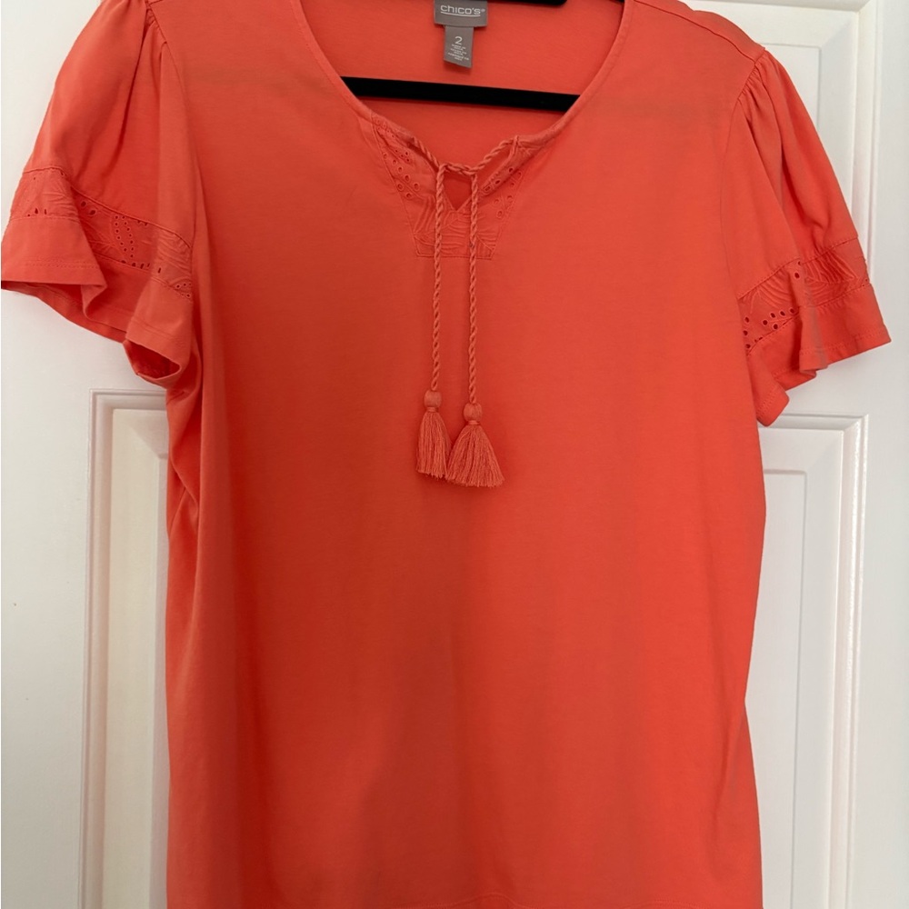 Chico's Coral Blouse with Tassel Detail